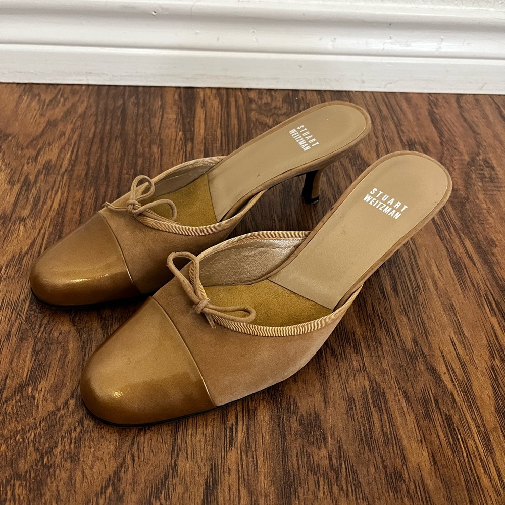 Stuart Weitzman Tan Mule Heels with Ribbon Detail